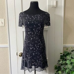 Black Stars Sheer Sparkly Overlay & Slip Mini Dress